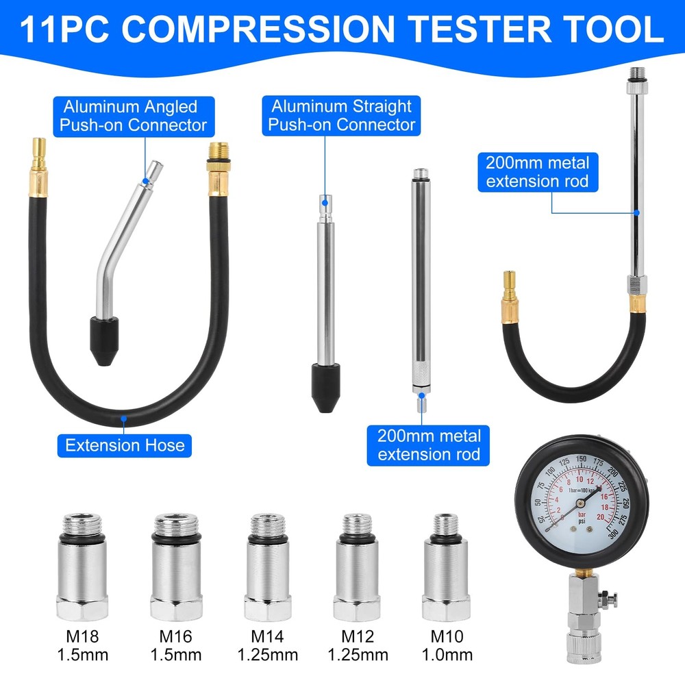 11 Pack Compression Tester Compression Tester for Gasoline Engine 0300 PSI / 02...