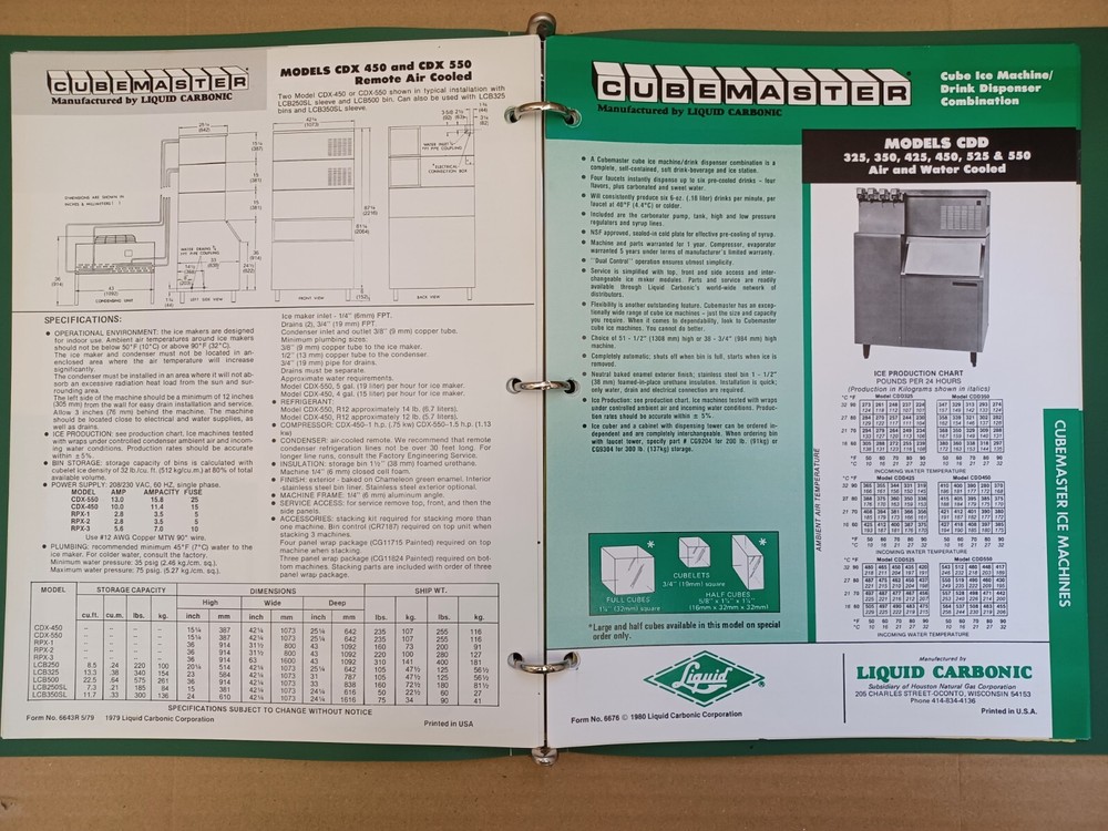 1979 Cubemaster by Liquid Carbonic : Equipment Specifications Catalog, PriceList