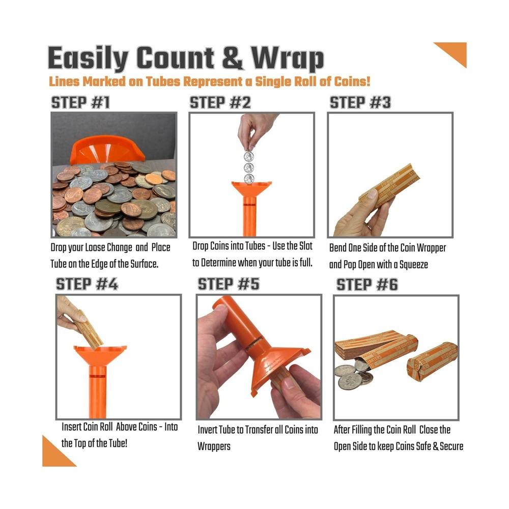 Coin Counters & Coin Sorters Bundle 4 Color-Coded Tubes/100 Assorted Wrappers