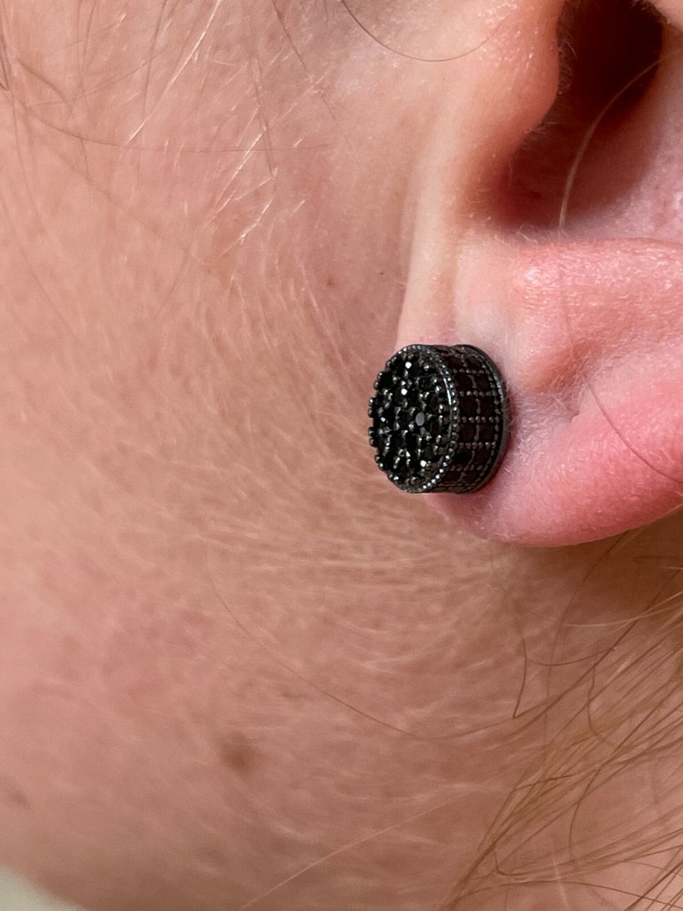 Real Solid 925 Sterling Silver Round Cluster Earrings Black CZ Studs Iced