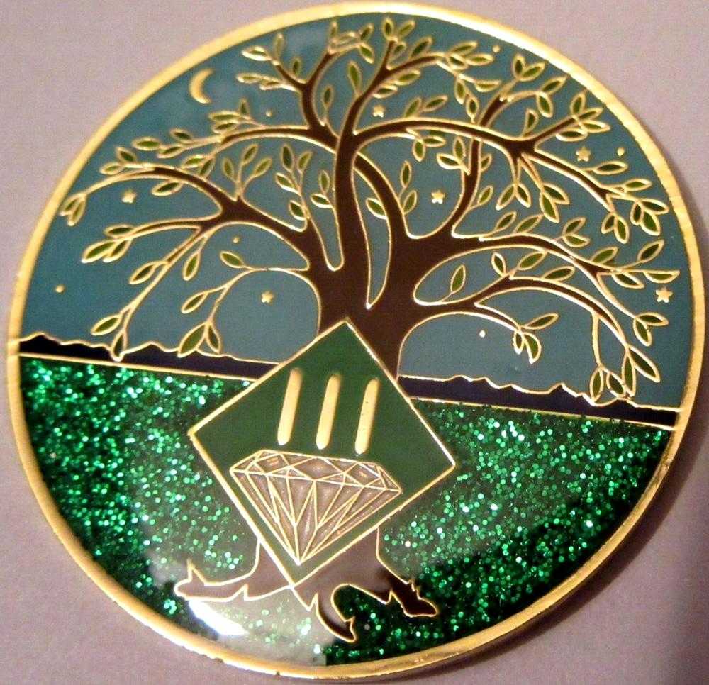 Narcotics Anonymous NA Tree Green 3 Year Medallion Gold Black