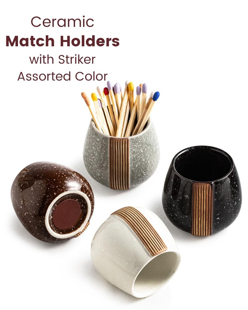 Zoeeker Match Holder Set with Striker - Ceramic Matchstick Container Gray