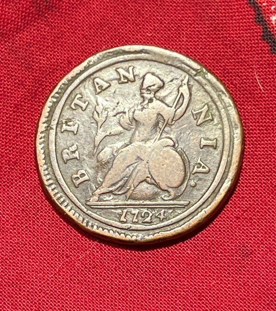 **Authentic 1724 George I, Large Pre-Revolutionary War Halfpenny Nice Example
