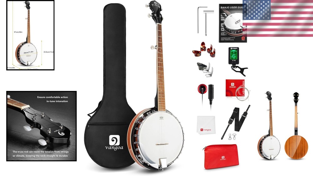 Complete Banjo Set - 5 Strings, Remo Head, Mahogany Finish & Adjustable Features