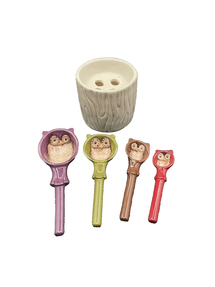 Multicolor Ceramic Owl Measuring Spoons in White Ceramic Tree Stump