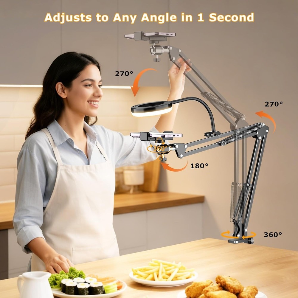Overhead Camera Mount with Ring Light, Flexible Articulating Phone Arm Stand ...