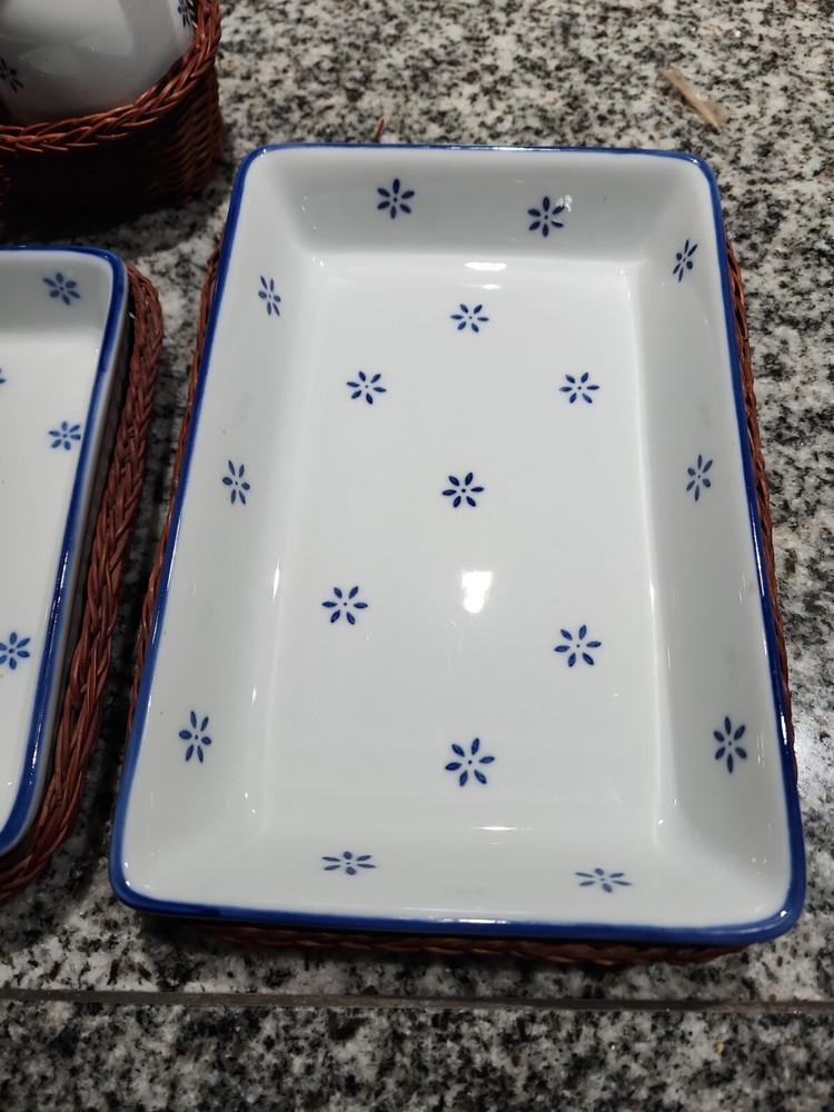 Ceramic bakeware Casserole Dish set w/wicker Baskets & Cruets set. NWOB