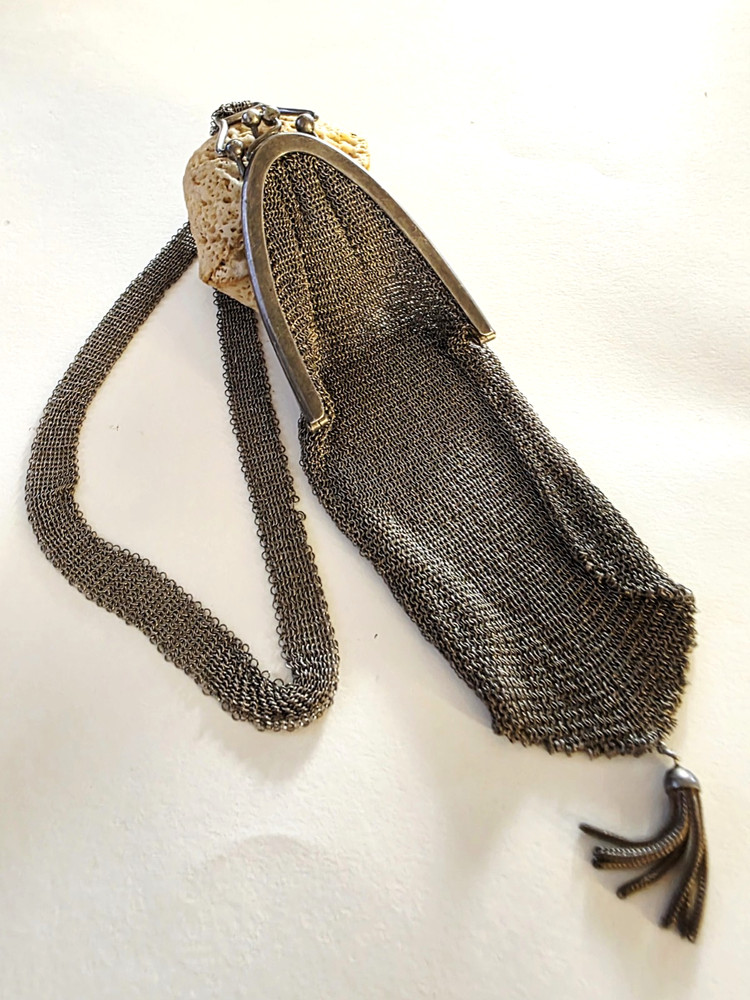 Antique Solid Silver 800 German Small Mesh Handbag Purse with Mesh Handle Strap.