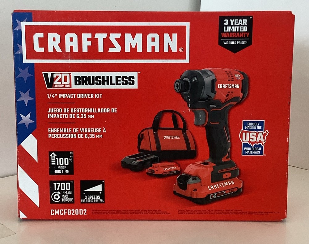 CRAFTSMAN V20 Max Variable Speed Brushless 1/4” Cordless Impact Driver CMCF820D2