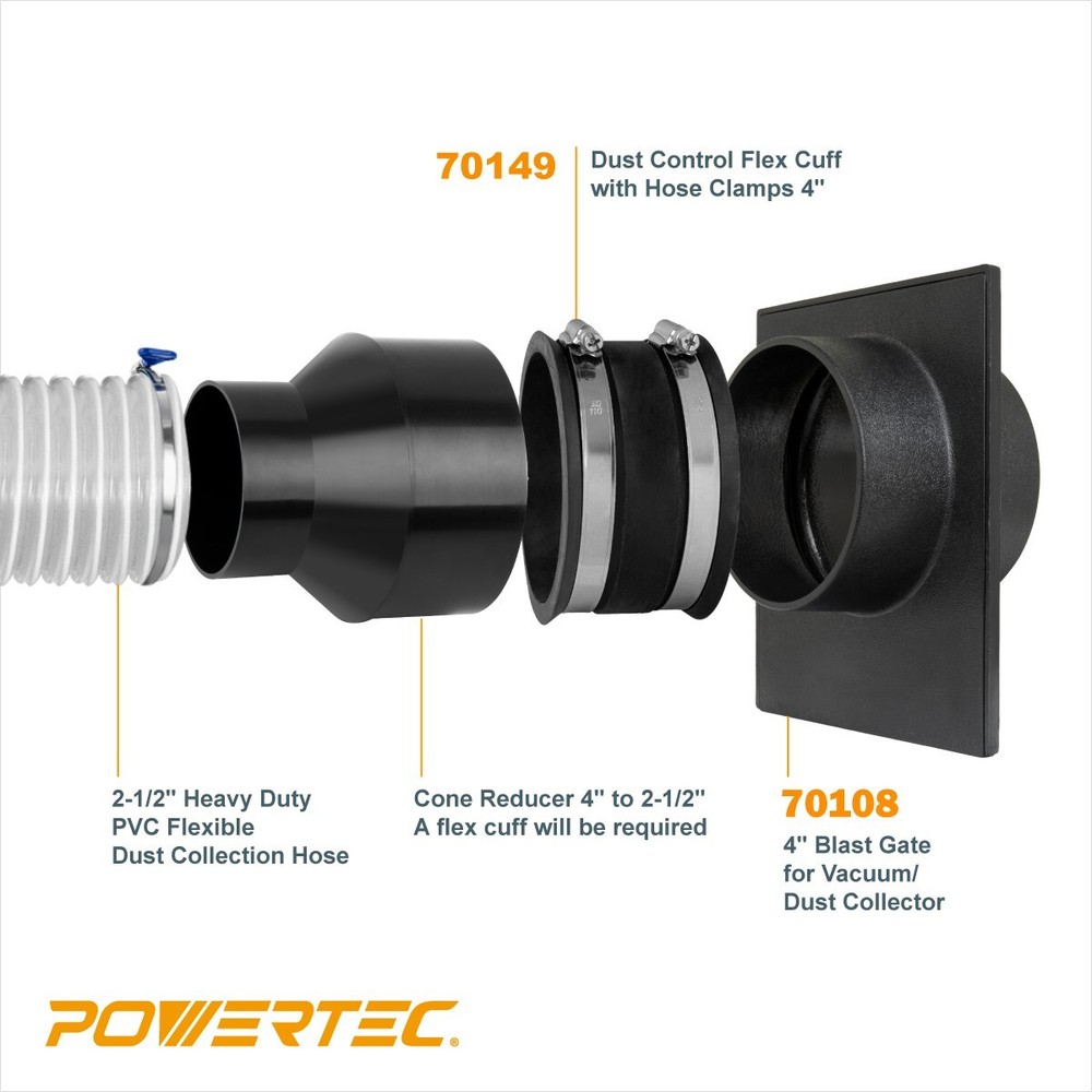 POWERTEC 70363 4 Inch Blast Gate with Dust Control Flex Cuff for Dust Collector