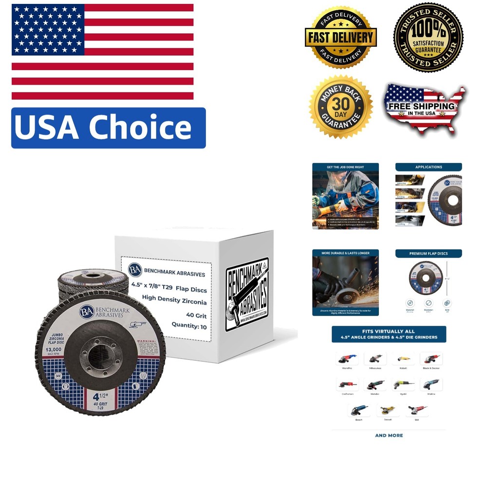 40 Grit Flap Discs 4.5" - 10 Pack for Angle Grinders - Tough Performance