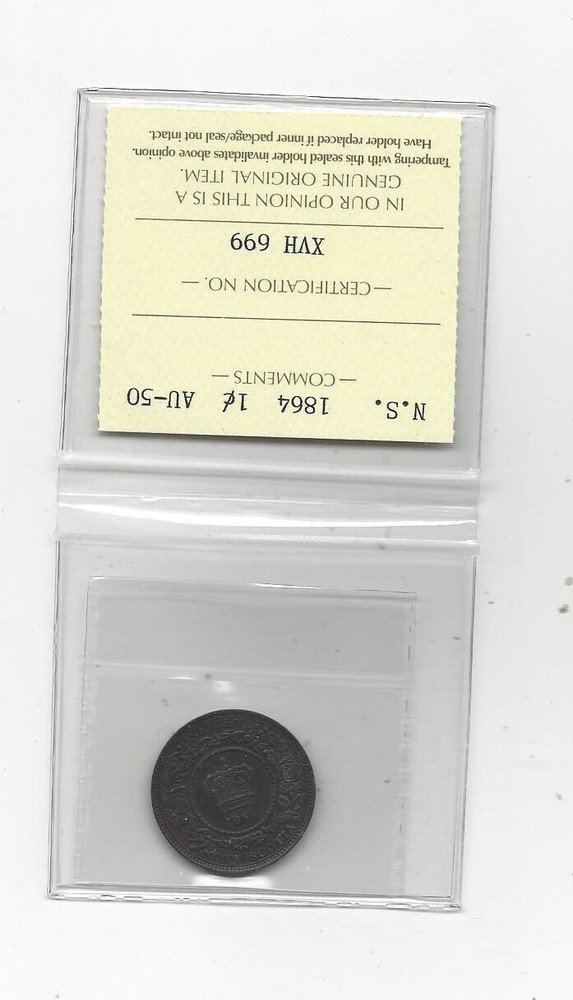 1864 , ICCS Graded Nova Scotia Large Cent, **AU-50**