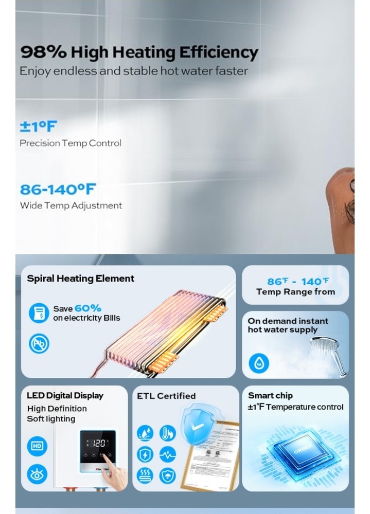 14kW Tankless Water Heater Electric, ORBEK 240 Volt On Demand Instant Hot Wat...