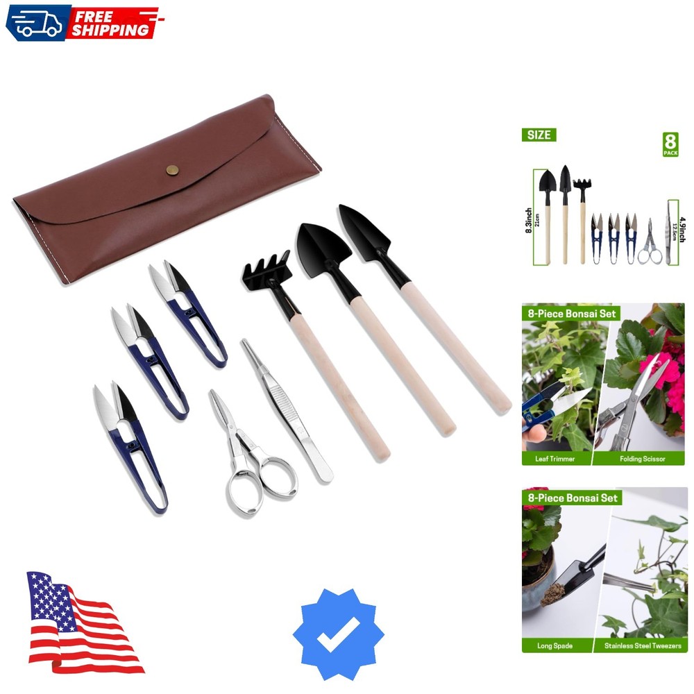 Bonsai Set 8 Pcs - Include Pruner, Fold Scissors, Mini Rake, Bud & Leaf Trimm...