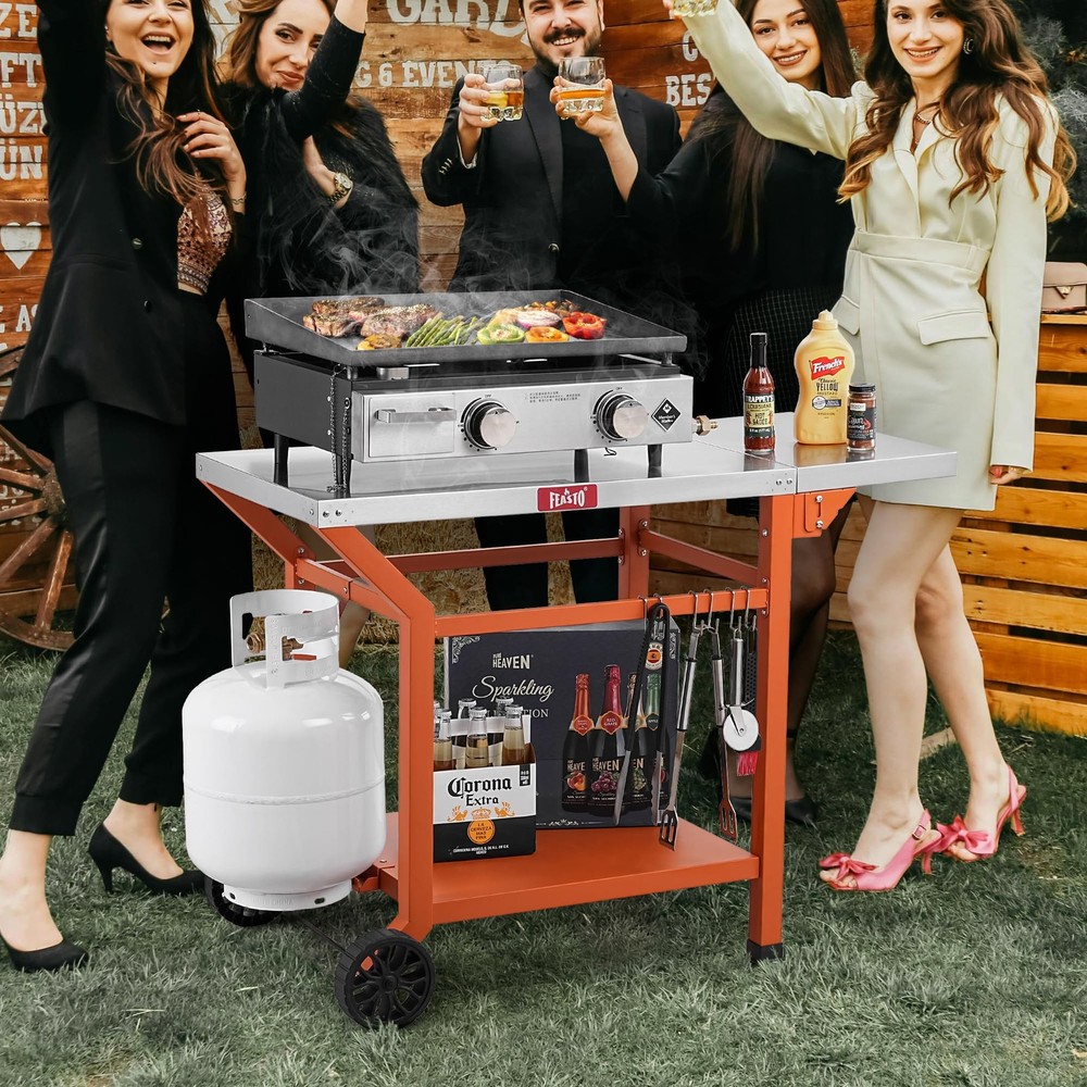 Movable Grill Table with Folding Side Table, Pizza Oven Table as BBQ Food Pre...