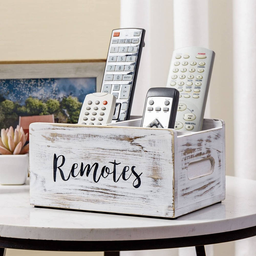 Whitewashed Wood Remote Control Holder Organizer / Tabletop Media Storage Caddy