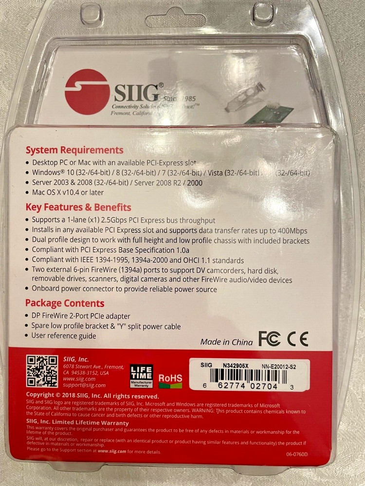 SIIG DP FireWire 2-Port PCle - NEW