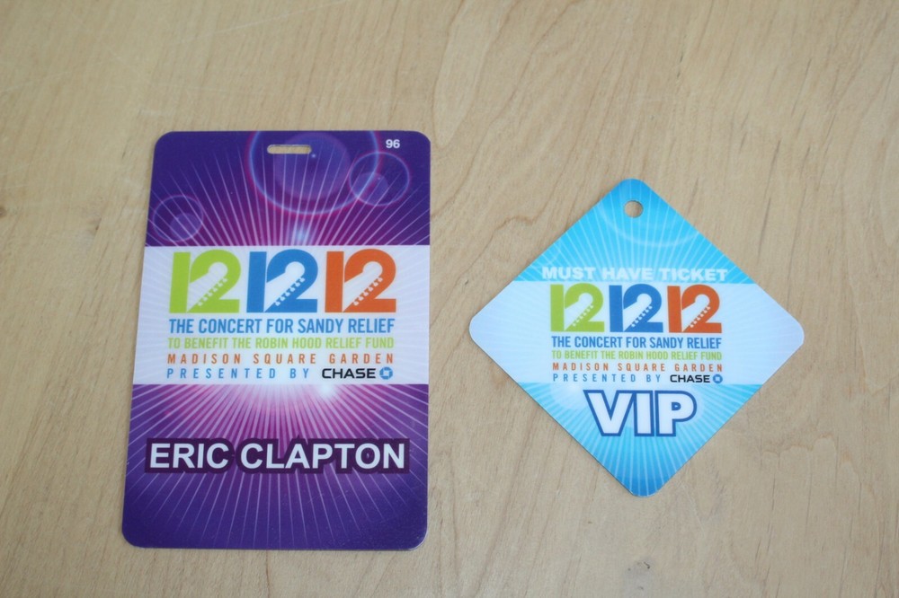 Eric Clapton - 2 x Laminated Backstage Pass - Sandy Relief Concert 2012