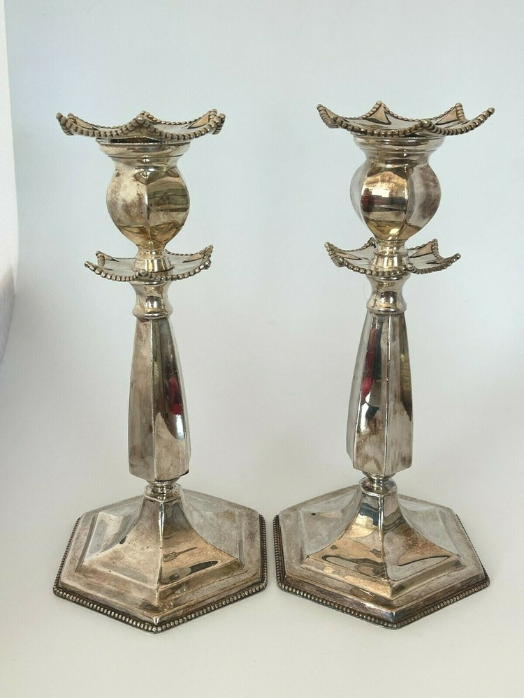 2 Antique E.G. Webster & Sons Silverplated Candlesticks with Removable Bobeches