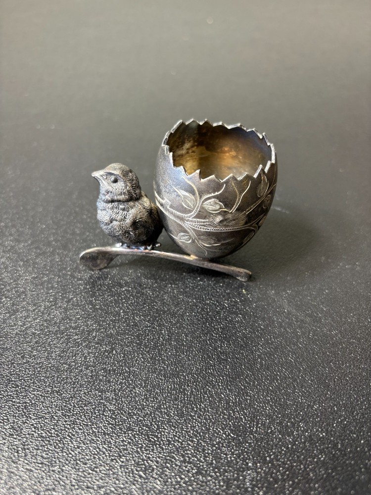 Antique Silver Plate Egg Cup With Bird & Wishbone