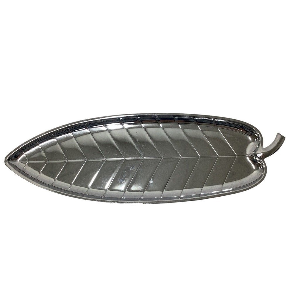 Silver Tone Leaf Shaped Metal Tray Dish 15”