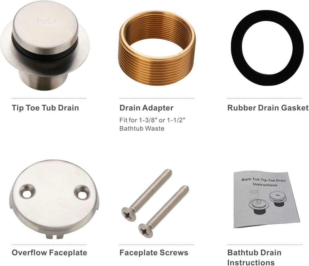 Brushed Nickel Tub Drain Tip-Toe Trim Set Conversion Kit