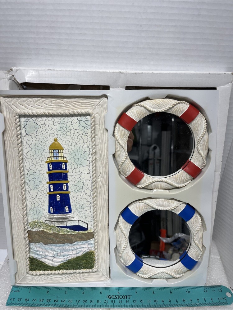 3 Pc Set Blue Lighthouse With Mirror Wall Decor
