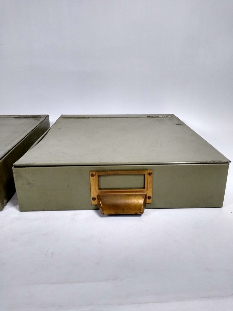 Vintage 2 Steel Storage Box w/ hinge lid, drawer, green, component, insert