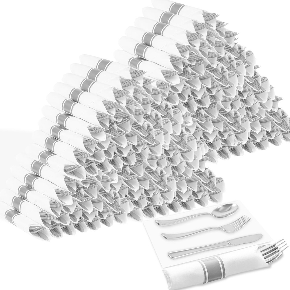 400 Pcs Pre Rolled Silver Cutlery Set, 100 Pack Wrapped Silverware Set with N...