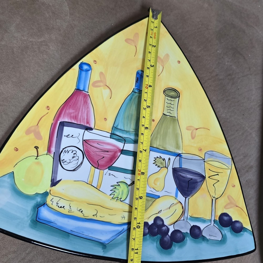 10½" HausenWare Ceramic Triangle Platter Cheese & Wine Painted Design