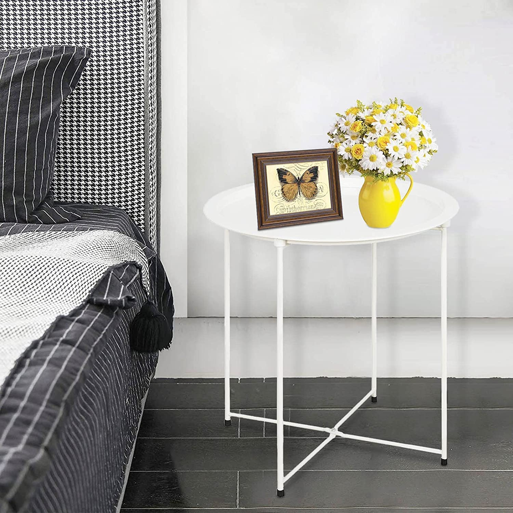 Folding Tray Metal Side Table White round End Table Cyan Sofa Small Accent Fold-