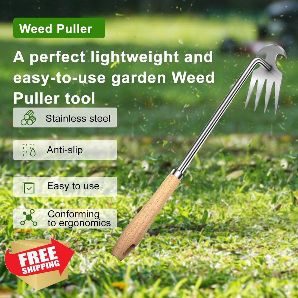2 Pack Weed Puller Tool 16" 4 Teeth Stainless Steel Garden Weeder