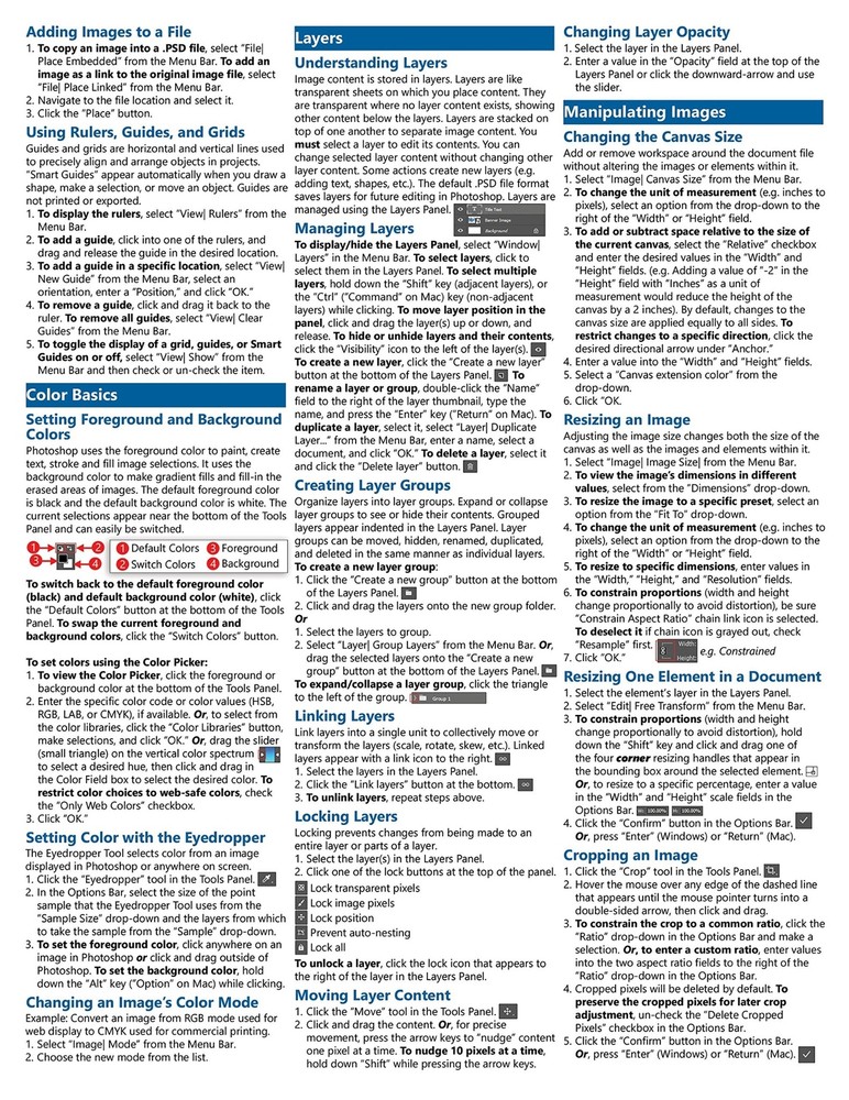 Photoshop CC 2018 Training Guide Quick Reference Card 4 Page Cheat Sheet Help