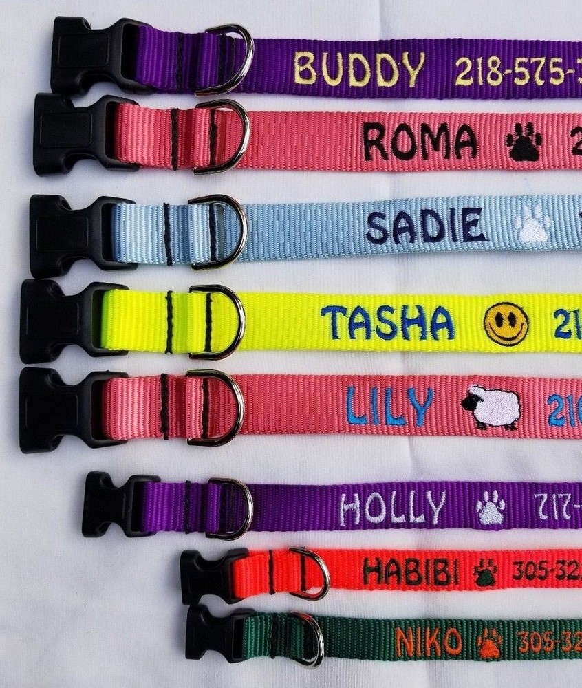 Embroidered personalized dog collars with name, etc.