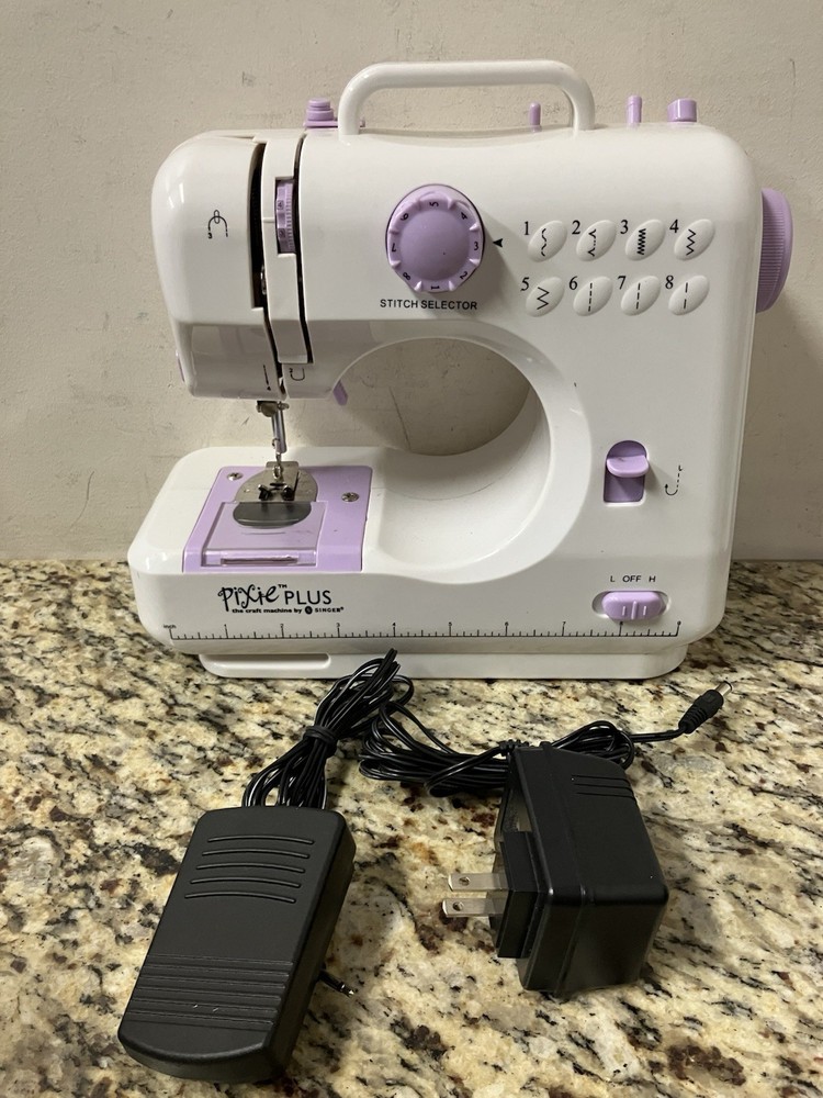 Singer Pixie Plus Sewing Machine Tested Working w/ Box Pedal Adapter