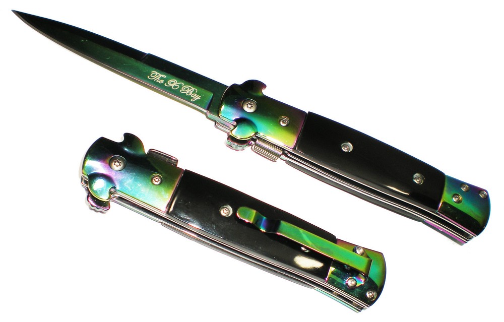 SPRING Assisted Opening Black Handle Rainbow Blade Stiletto Open Pocket Knife