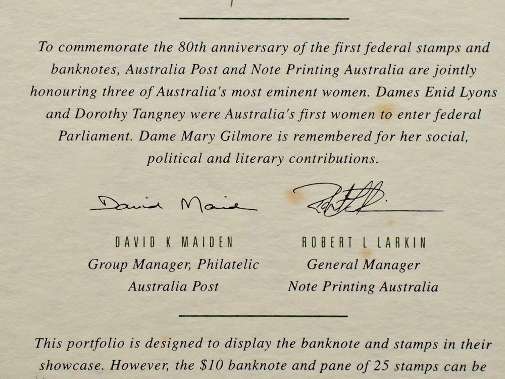 1993 $10 Dame Mary Gilmore Note – 80th Anniv Fed Currency Ltd Ed Folder