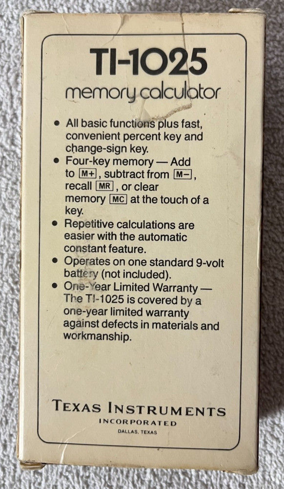 TI-1025 Memory Calculator TEXAS INSTRUMENTS w/ 9-Volt Battery, Works