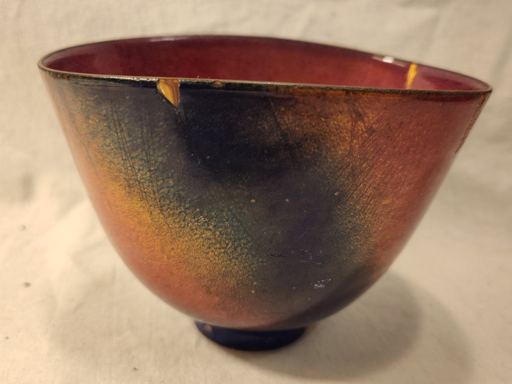 Vintage Brutalist Enamel On Copper Bowl Signed
