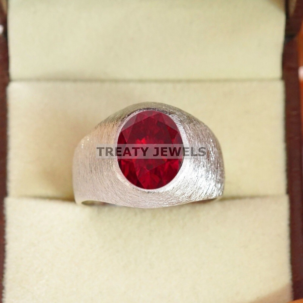 Ruby Oval Cut With 14K Solid White Gold Ring For Men's #B527