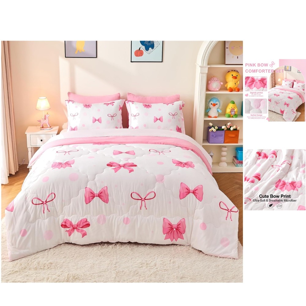 Charming 7-Piece Pink Bow Bedding Set for Girls - Queen Size Comforter & Sheets