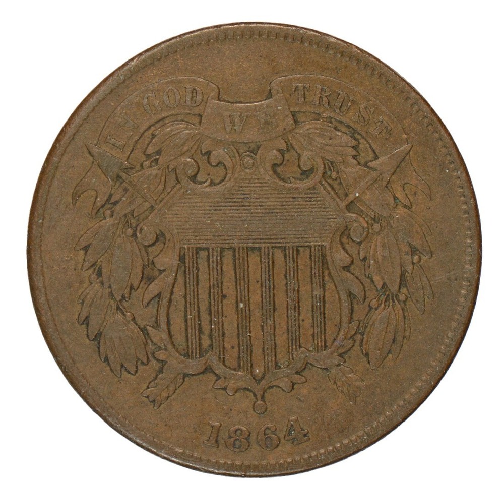 1864 2 Cent Piece Large Motto ~ High VF