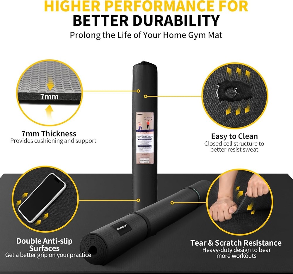 Extra Thick 7mm Exercise Mat - 6'x4' Non-Slip for Home Workouts with Accessories