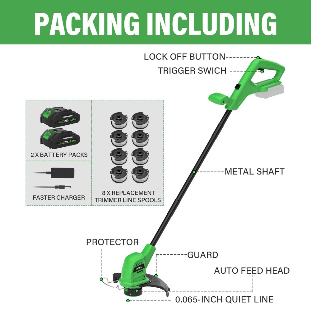 Cordless Weed Wacker 20V, 2×2.0Ah Battery Powered String Trimmer with Charger...
