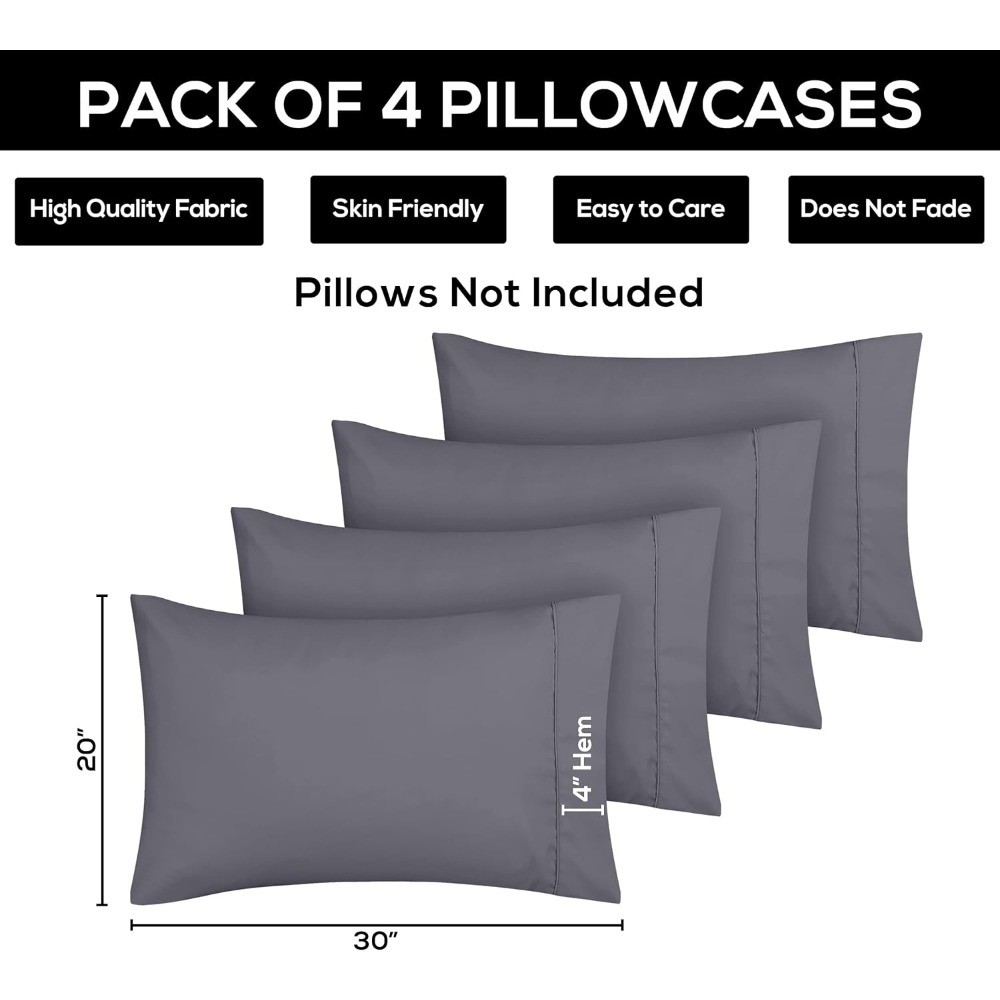 Queen Size Pillow Cases 4 Pack Envelope Closure Soft Brushed Microfiber Pillow