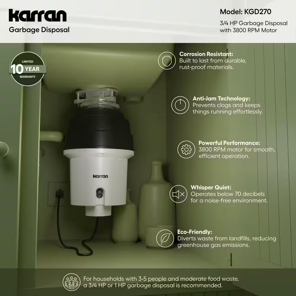 3/4 HP Continuous Feed Garbage Disposal with Power Cord