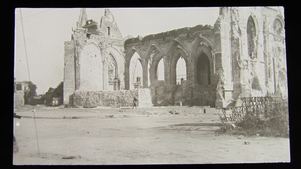 Glass Magic lantern slide PERONNE CATHEDRAL AFTER BOMBARDMENT CIRCA WW1