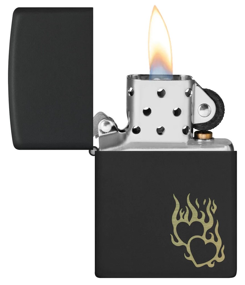 Zippo 46004, Fire Heart Design, Black Matte Lighter, NEW