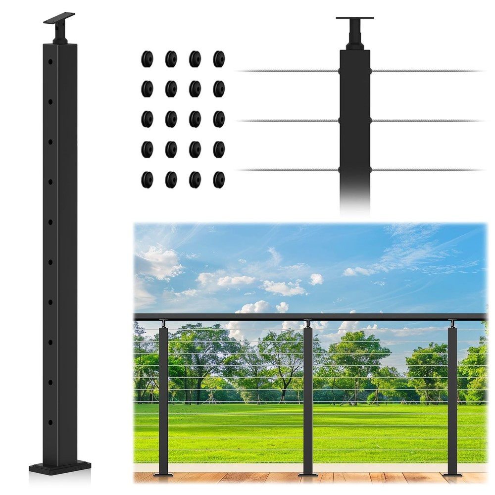 36" Cable Railing Post, Adjustable Top Level Drilled Railing Line Handrail Po...