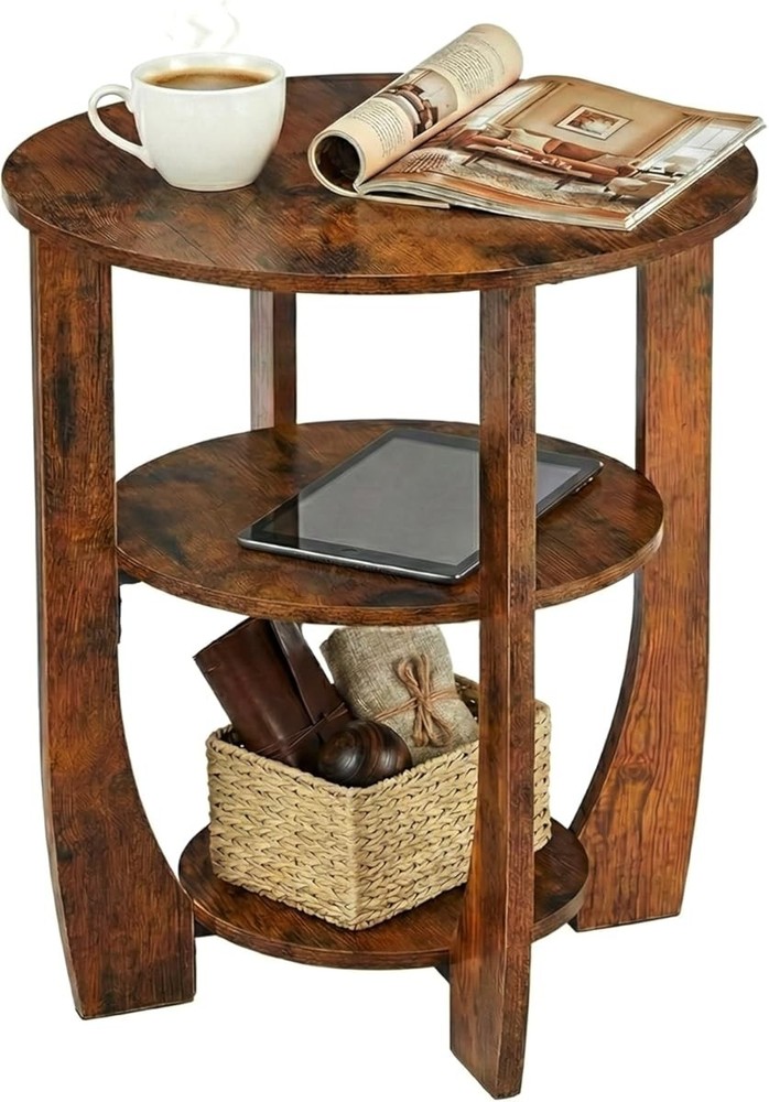 NEW Round Side Table, 3-Tier End Table with Storage, 19.7?? Rustic Brown Accent
